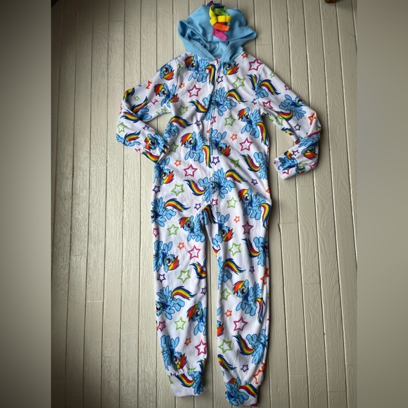 Rainbow Dash My Little Pony 2015 Hasbro Girls One Piece Zipup Pajamas Hoodie Lg - Picture 1 of 15